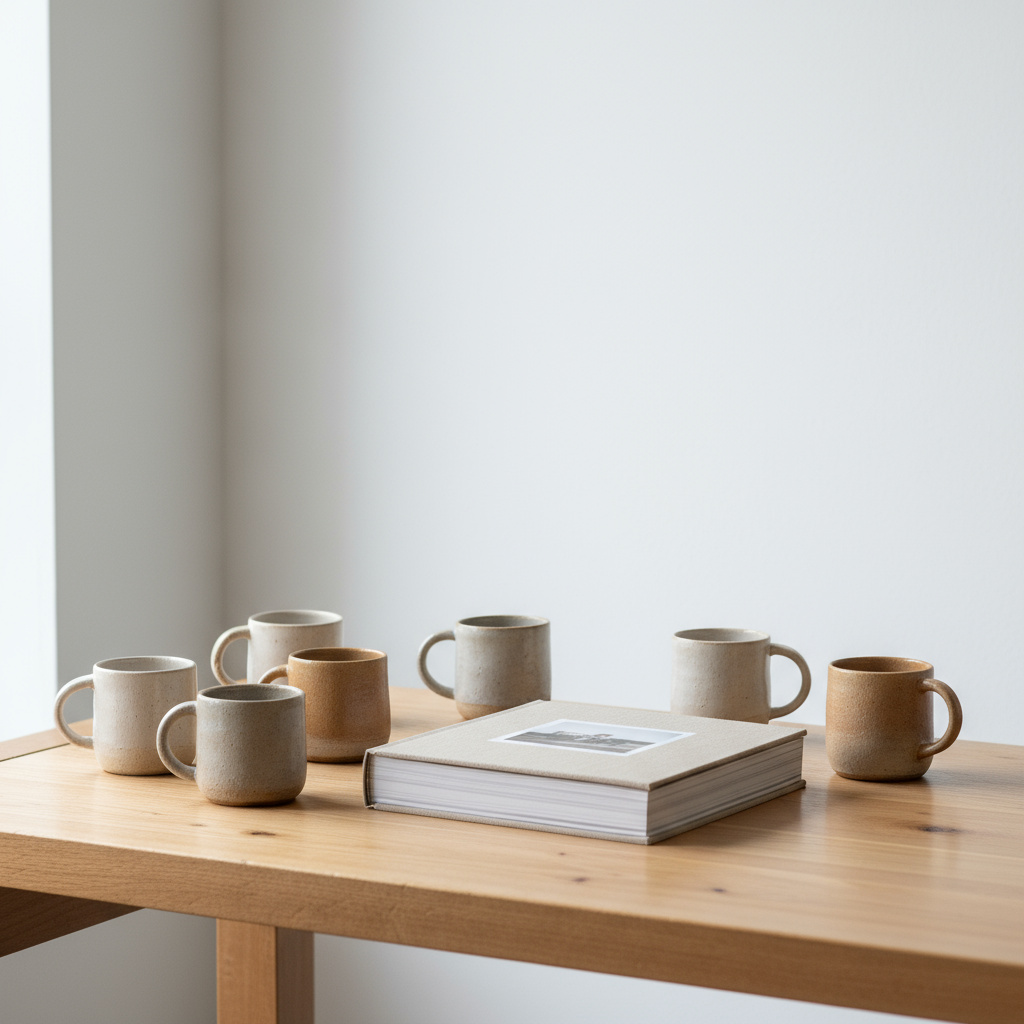 Studioaufnahme mit bedruckten Tassen und Fotobuch bei Agnotype Print Atelier