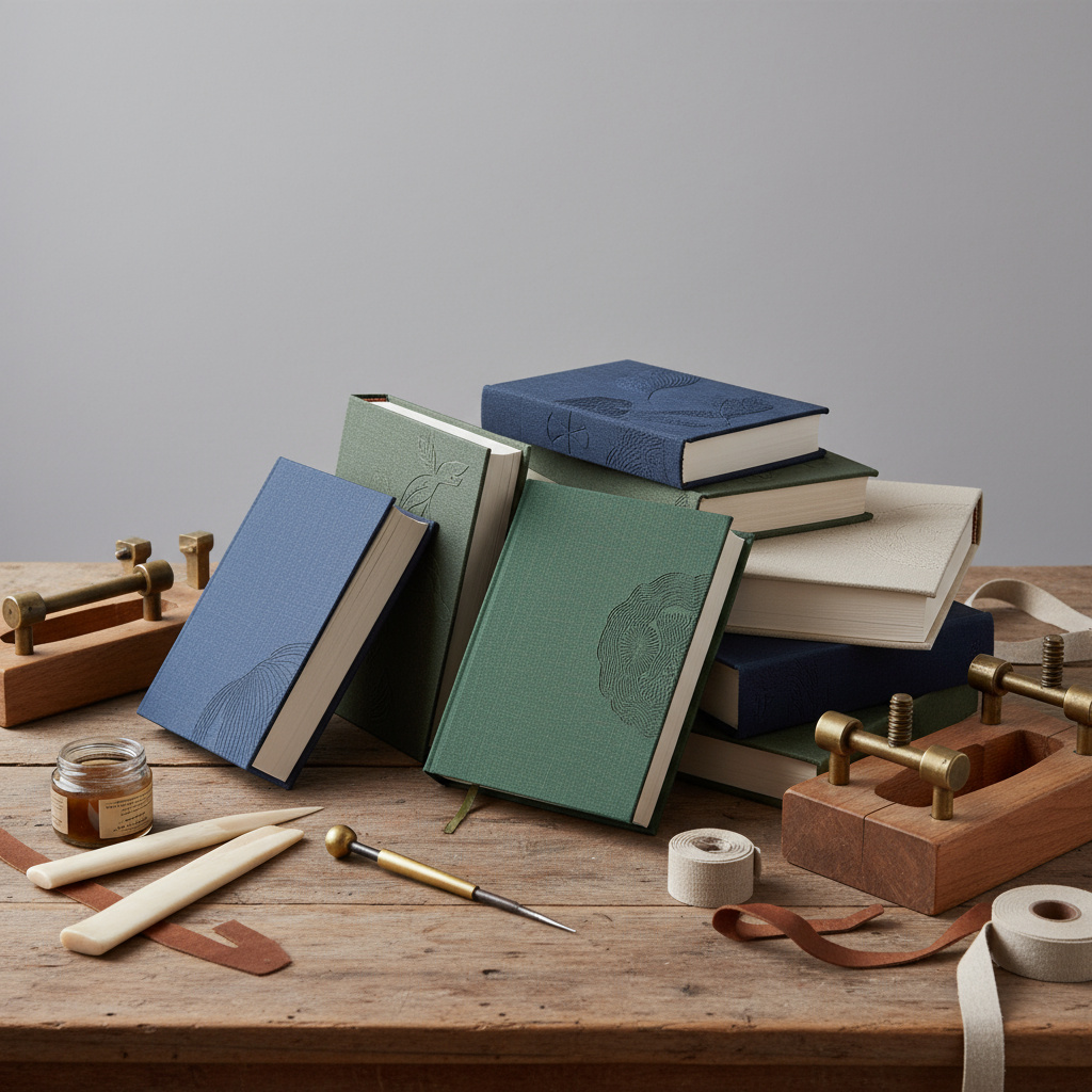 Gestapelte Fotobücher mit Buchbindewerkzeugen